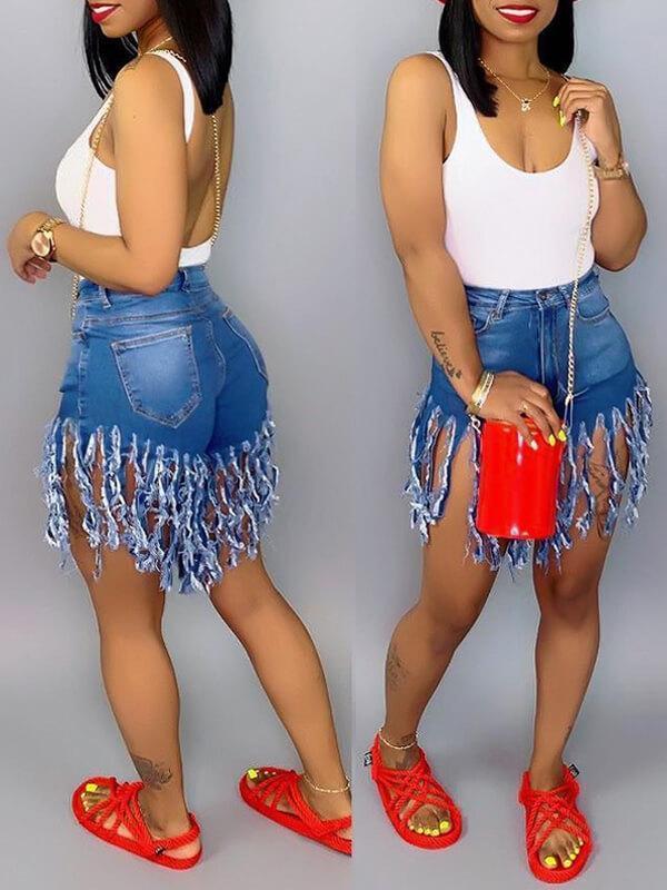 Fringe Denim Shorts--Clearance