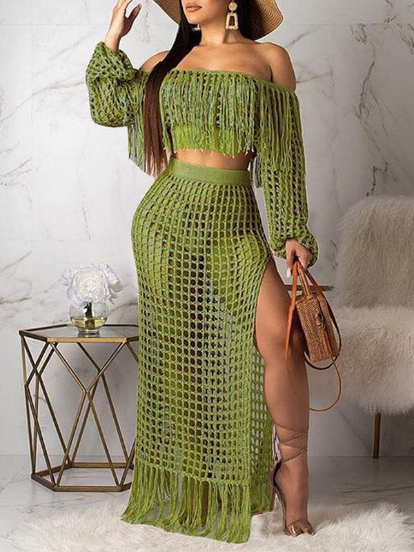 Indiebeautie Mesh Tassels Crop Top & Skirt Set
