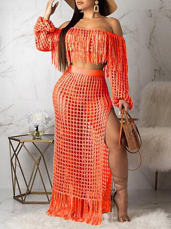 Indiebeautie Mesh Tassels Crop Top & Skirt Set