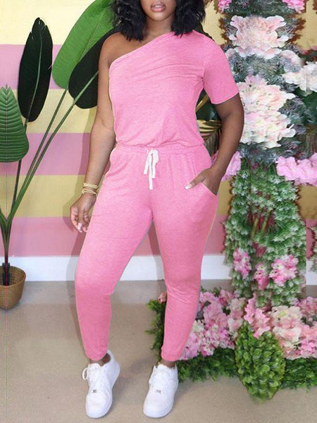 One-Shoulder Drawstring Jumpsuit--Clearance