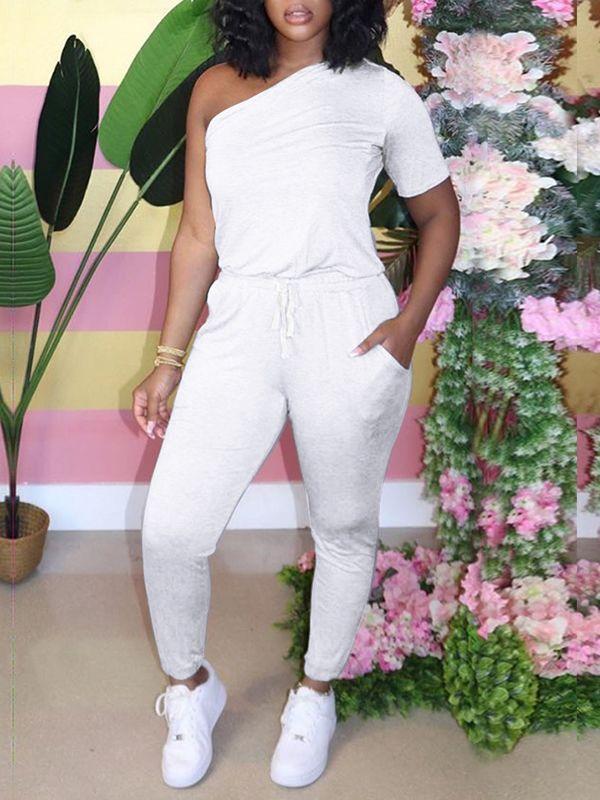One-Shoulder Drawstring Jumpsuit--Clearance