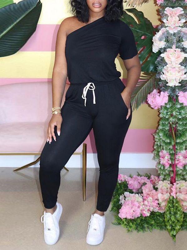One-Shoulder Drawstring Jumpsuit--Clearance