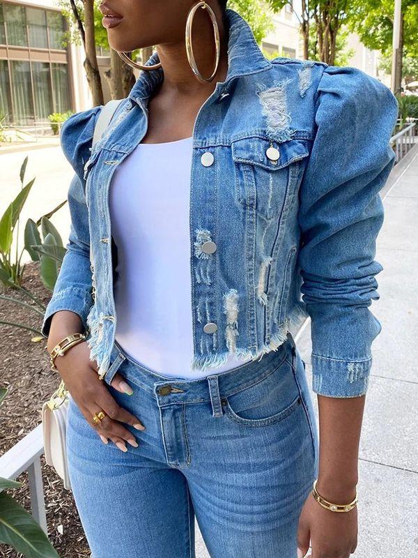 Indiebeautie Distressed Puff-Sleeve Denim Jacket