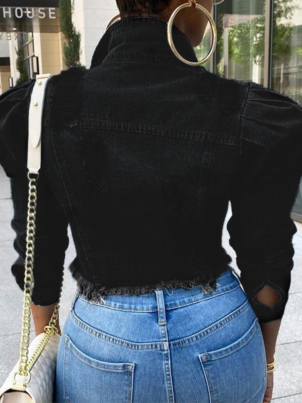 Distressed Puff-Sleeve Denim Jacket