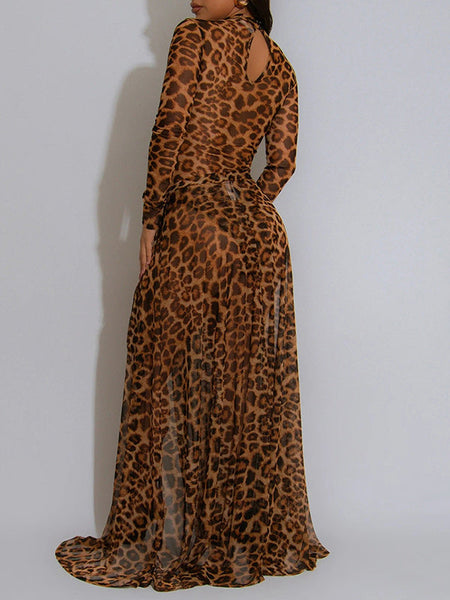 Leopard Bodysuit & Slit Skirt Set