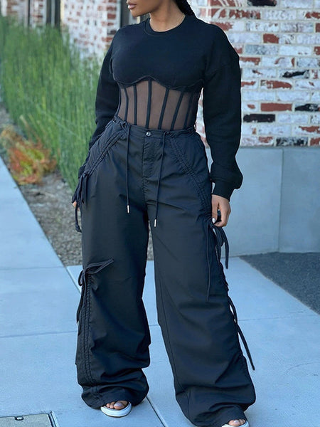 Solid Tied Cargo Pants