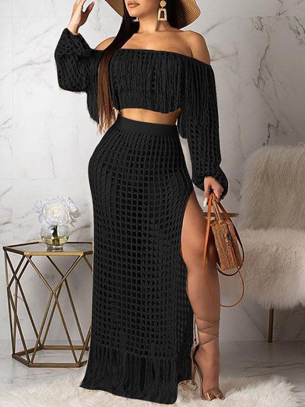 Mesh Tassels Crop Top & Skirt Set