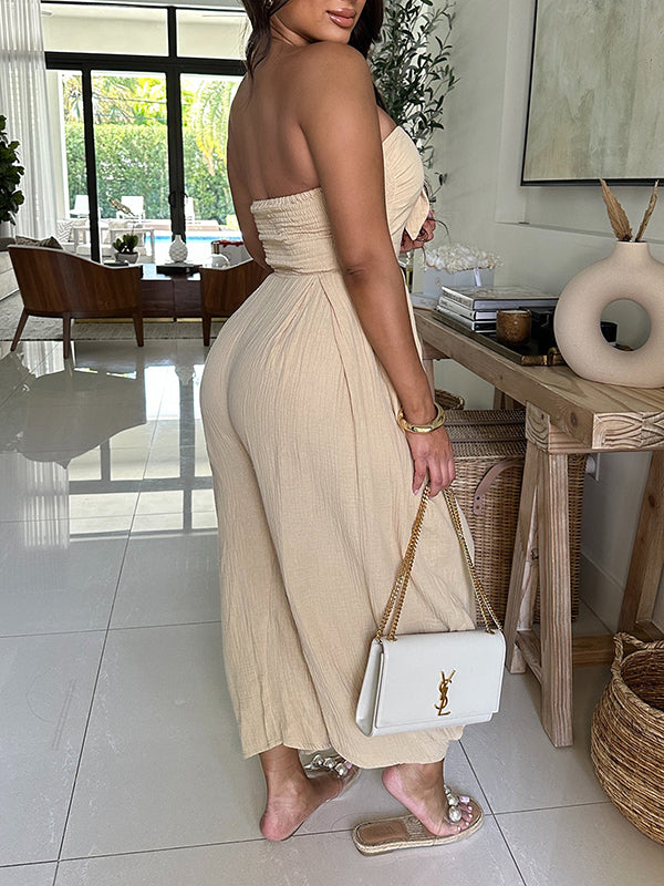 Indiebeautie Solid Strapless Tied Wide-Leg Jumpsuit