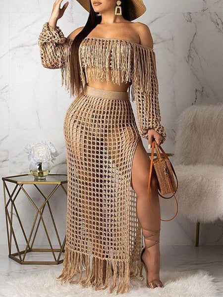 Indiebeautie Mesh Tassels Crop Top & Skirt Set