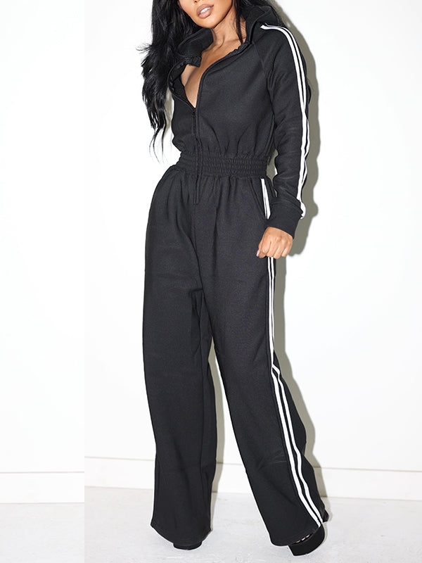 Side-Stripe Zip-Front Hoodie Jumpsuit