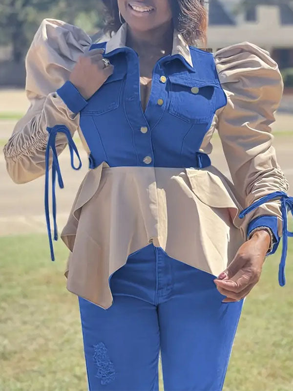 Denim-Combo Puff-Sleeve Shirt