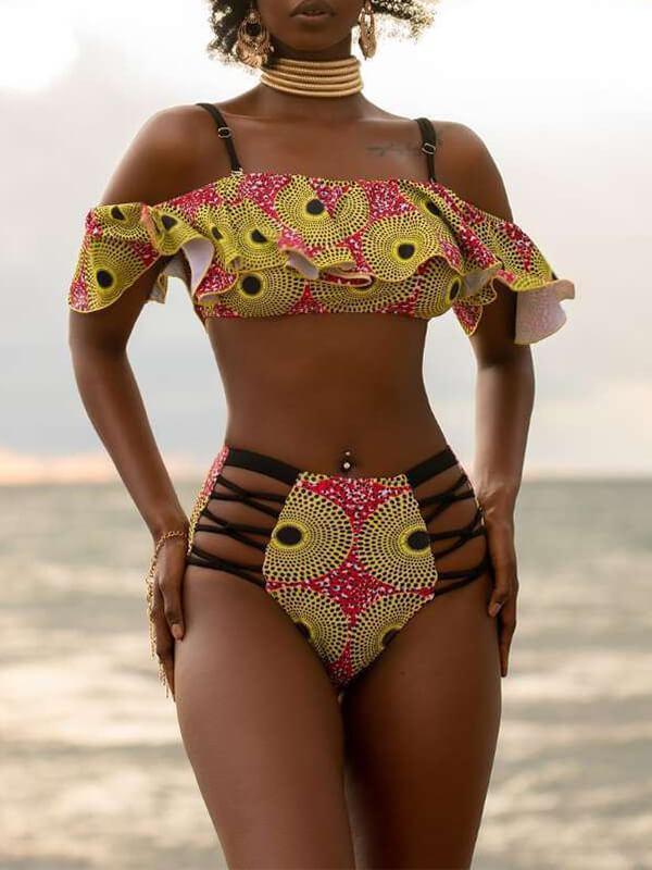 Print Ruffle Cutout Bikini