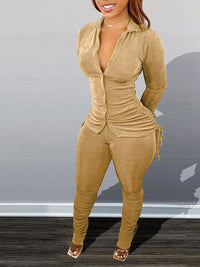 Drawstring Shirt & Ruched Pants Set