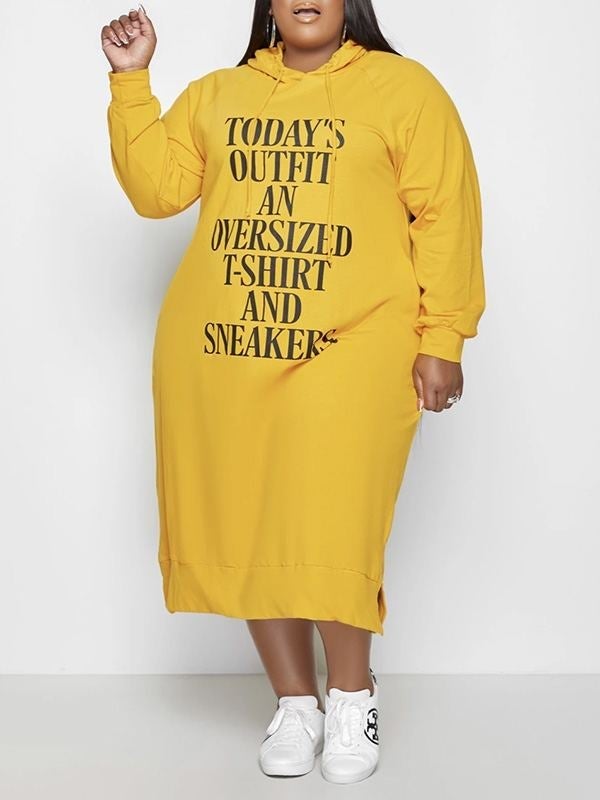 Indiebeautie Plus Size Slogan Side-Slit Hoodie Dress