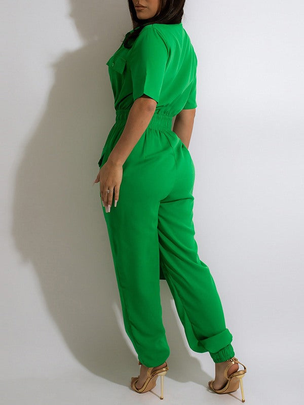 Button-Front Drawstring Jumpsuit