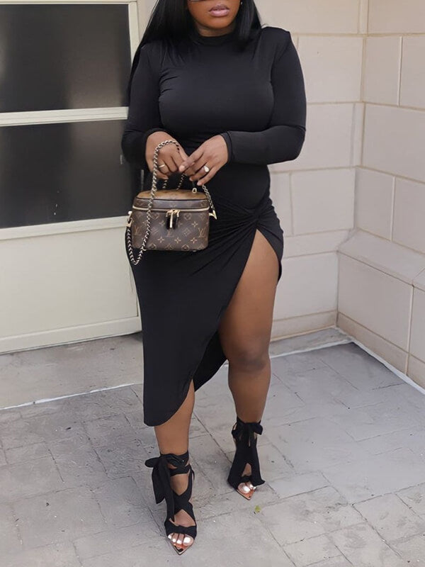 Solid Twisted Slit Dress--Clearance
