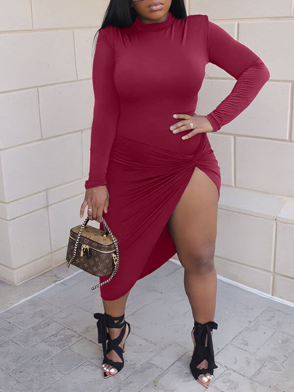 Solid Twisted Slit Dress--Clearance