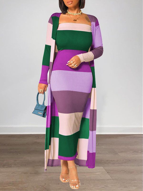 Indiebeautie Colorblock Ribbed Dress & Cardigan Set