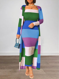 Indiebeautie Colorblock Ribbed Dress & Cardigan Set