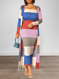 Indiebeautie Colorblock Ribbed Dress & Cardigan Set