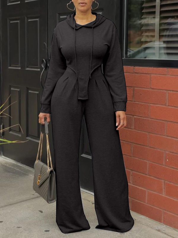 Solid Hoodie & Wide-Leg Pants Set
