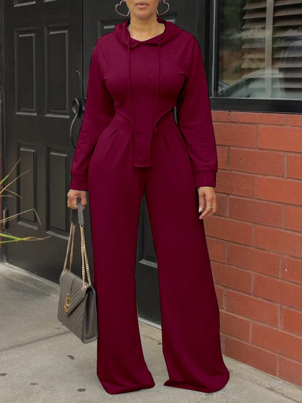 Solid Hoodie & Wide-Leg Pants Set