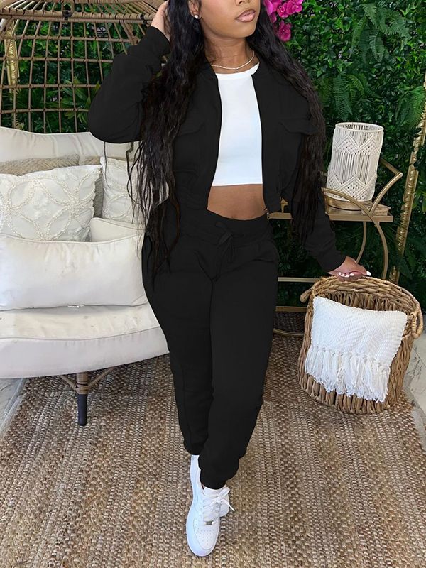 Solid Bomber Jacket & Jogger Pants Set