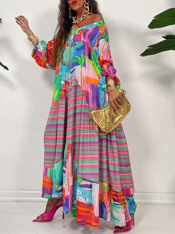 Printed V-Neck Ruffle Dress