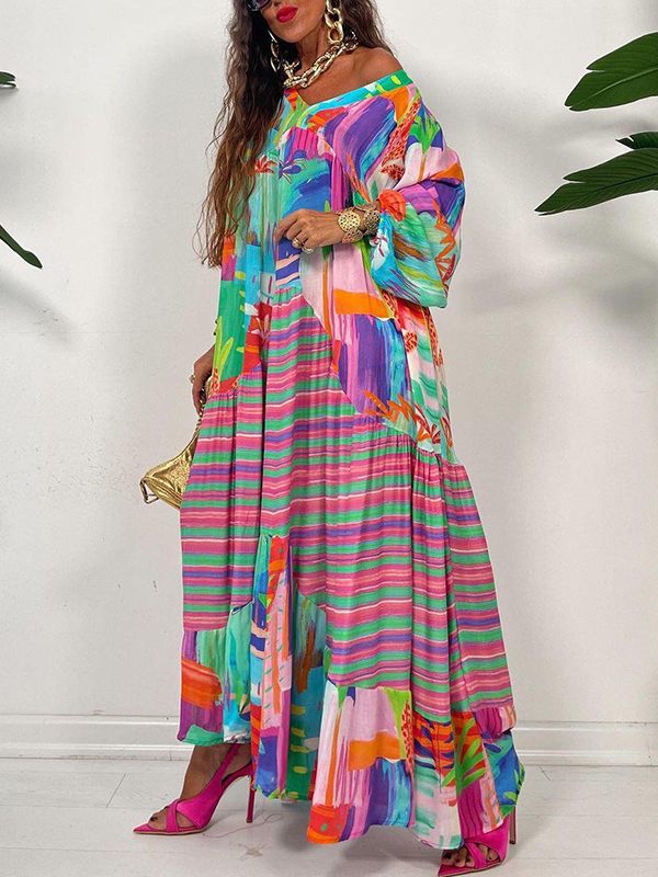 Printed V-Neck Ruffle Dress