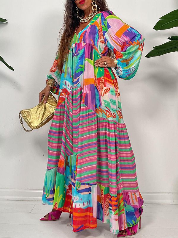 Printed V-Neck Ruffle Dress