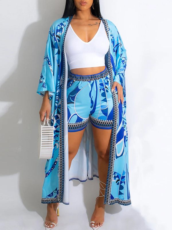Printed Kimono & Shorts Set