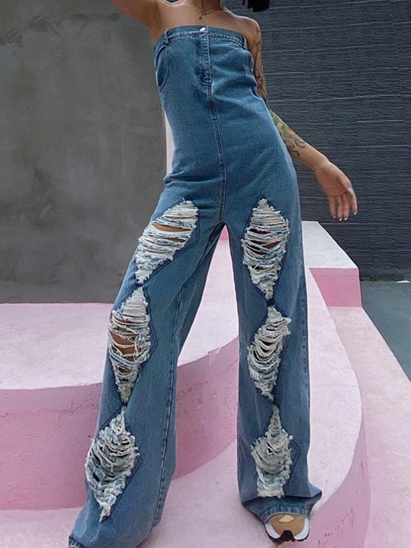 Indiebeautie Ripped Strapless Denim Jumpsuit