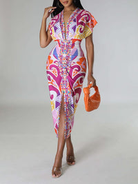 Printed Plunge Ruched Dress