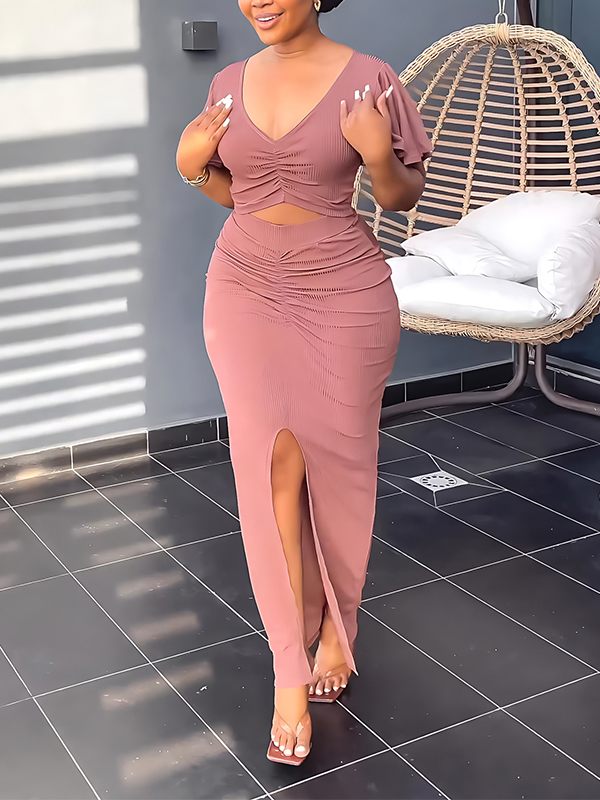 Indiebeautie Solid Ruched Tee & Slit Skirt Set