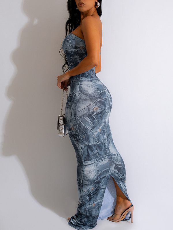 Denim-Print Strapless Dress