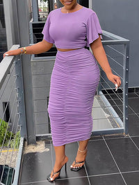 Ruffle-Sleeve Top & Ruched Skirt Set