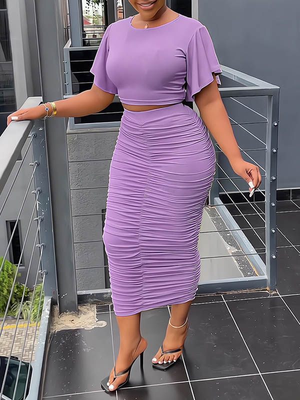 Ruffle-Sleeve Top & Ruched Skirt Set