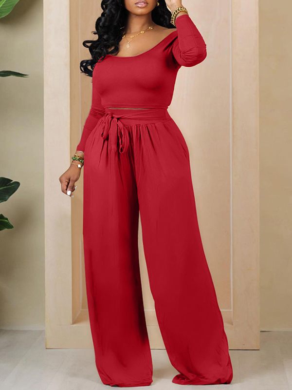 Solid Boat-Neck Top & Tied Pants Set