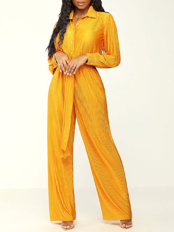 Solid Button-Front Tied Jumpsuit