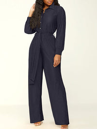 Solid Button-Front Tied Jumpsuit