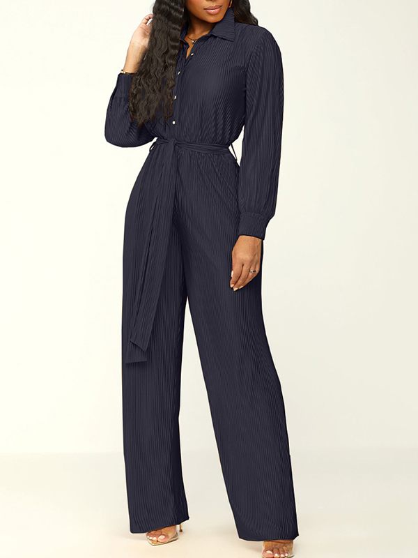 Solid Button-Front Tied Jumpsuit
