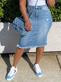 Ripped Raw-Hem Denim Skirt