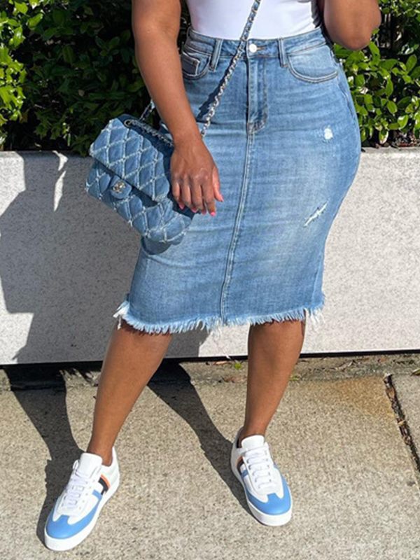 Ripped Raw-Hem Denim Skirt