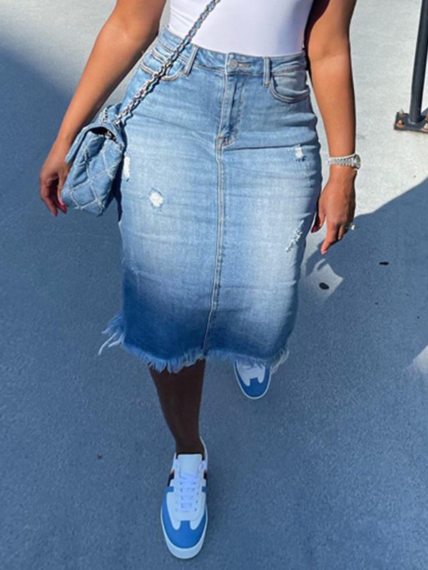 Ripped Raw-Hem Denim Skirt