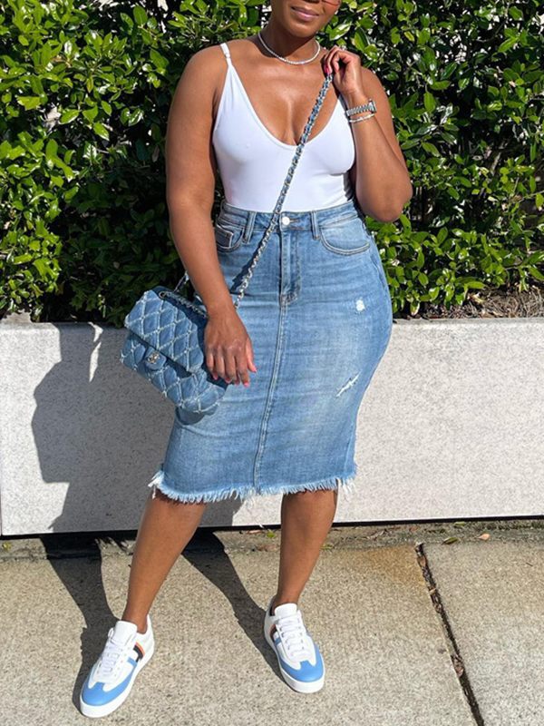 Ripped Raw-Hem Denim Skirt