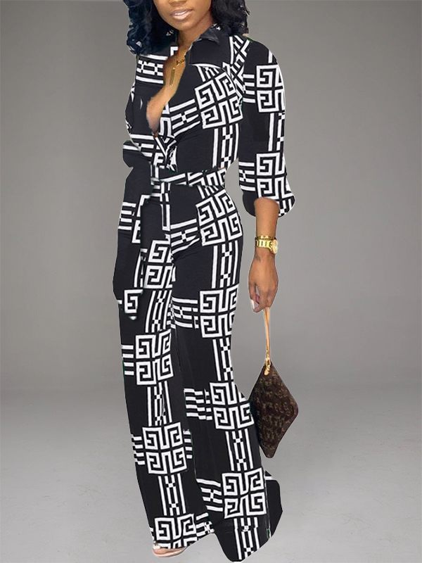 Printed Button-Front Tied Jumpsuit