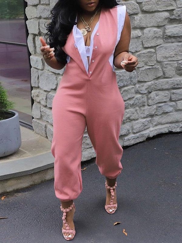 Two-Tone Button-Front Jumpsuit