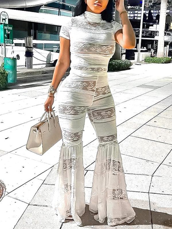 White Lace Top & Flared Pants Set