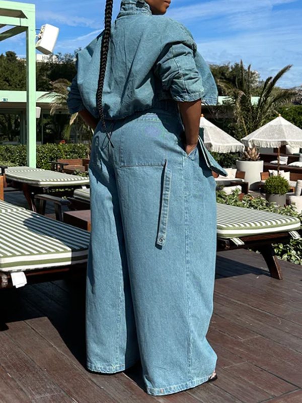 Indiebeautie Denim Jacket & Wide-Leg Pants Set