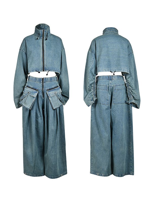 Indiebeautie Denim Jacket & Wide-Leg Pants Set